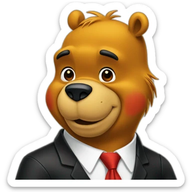 winnie the pooh wear black suit with a red tie sticker