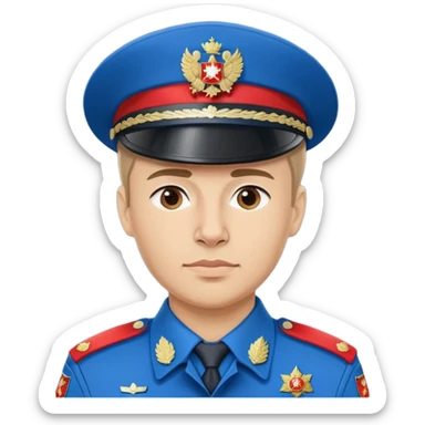 Russian police officer with blue uniform and traditional peaked cap with red band sticker