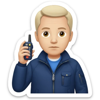 Security, Middle-aged, wearing navy blue jacket, serious facial expression, holding walkie-talkie, full body sticker