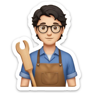 Young caucasian man with black wavy hair, round glasses, brown carpentry apron over a shirt, woodworker sticker