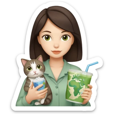 a brunette woman in here 30S drinking an iced matcha, carrying a grey cat and a map of the world sticker