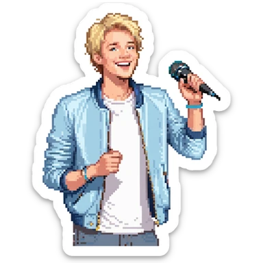 Pixel art style, expressive male performer, Caucasian features, short sandy blonde hair, lively eyes, wide cheerful smile, wearing a sky blue jacket over white tee, tossing a microphone in one hand, waist-up, front-facing sticker