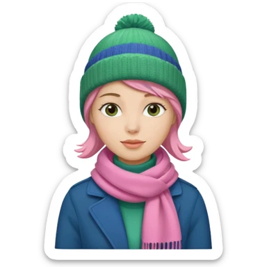 una mujer con: pink beanie, green bufanda and long blue jacket sticker