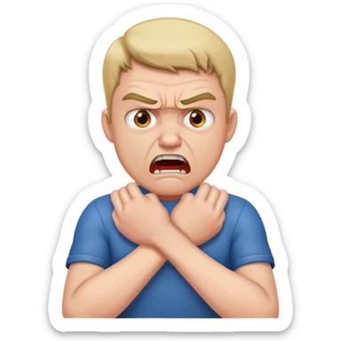 Man chocking himself with his hands while angry sticker