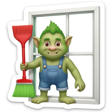 Troll wearing jorts cleaning a window using red squeegee sticker
