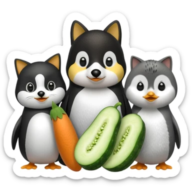 Köpekin yaninda kedi penguen kedinin yaninda üçüde hiyar yesin sticker