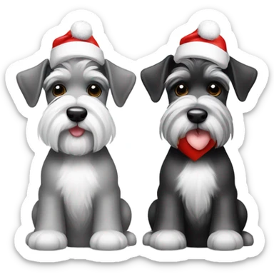 2 miniature schnauzers, 1 grey and 1 black and white, wearing Christmas hats with a heart above them sticker