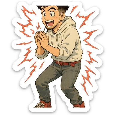 1 male, mid fade haircut dark chestnut brown curly hair, toasted lightskin, white hoodie sleeves up, gray fashion jeans, red fashion-sneakers shoes, red belt, short trimmed beard and goatee,  style of deku from "my hero academia",  doing a "i adore that!" exclaimation pose with red electricity sticker