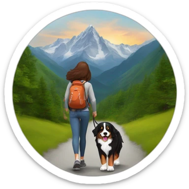 bernese mountain dog hiking with a woman with brown hairr a mountain sticker