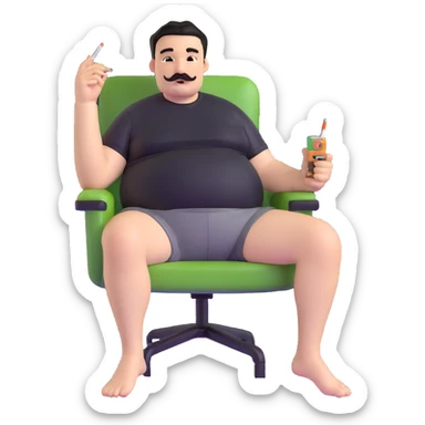 Big man relaxing in chair, legs spread wide, holding cigarette, round face, short black hair (not bald), short beard and mustache, black t-shirt with light stripes at top, exposed belly, black shorts, arms covered in black graphic tattoos with patterns visible on forearms and shoulders sticker