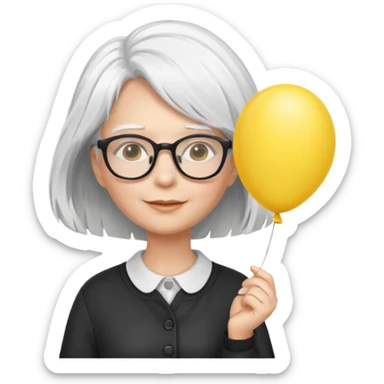 woman with wind white hair and wearing glasses, holding yellow balloon sticker
