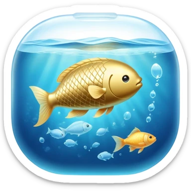 Golden capsule floating in gentle blue water currents, with a translucent fish swimming around a glowing brain. Soft light waves emanating from the brain creating a calming effect. The scene has an ethereal, dreamlike quality. sticker