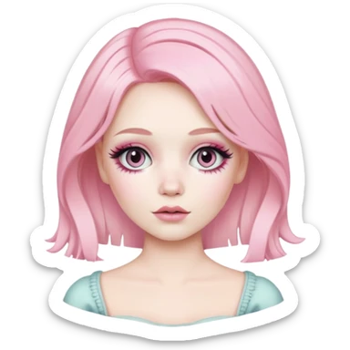 Blonde woman with pastel pink hair, pale skin, doll-like appearance, ThatPoppy music artist sticker