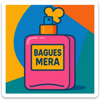 pink perfume bottle with the brand 'bagues mera', vibrant and youthful illustration style sticker