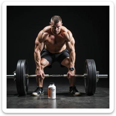 realistic powerlifter in deadlift phase, one hand on barbell and other touching bottle of AAS on ground, tense muscles, atmosphere of doubt, isolated on white background sticker
