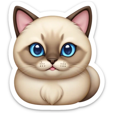Cinematic Cute Chubby Siamese Cat Portrait Emoji, Round and plump body, soft cream-colored fur with rich dark points on the ears, face, paws, and tail, big, sparkling sapphire-blue eyes, Simplified yet irresistibly adorable features, highly detailed, glowing with a warm, cozy glow, high shine, curious yet calm, stylized with a touch of whimsy, bright and endearing, soft glowing outline, capturing the essence of a mischievous yet lazy and loveable kitty, so cuddly it feels like it could waddle right out of the screen for a snuggle! sticker