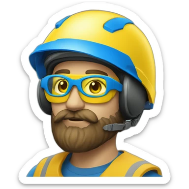 beard men in blue helmet and yellow contraction glasses sticker