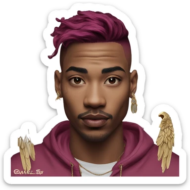 Vintage patina intricate swirls gold jewellery baroque raven wings angel tropical Deep pink maroon burgundy cyan dark hoodie man vitiligo dyed hair gold piercings nose piercing ear piercings sticker