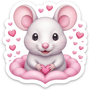This is a cute watercolor illustration of a small, white cartoon mouse with large, round, pink-lined ears. The mouse has heart-shaped eyes, a small open mouth, and is surrounded by floating pink hearts, conveying a feeling of love, adoration, or strong affection. sticker