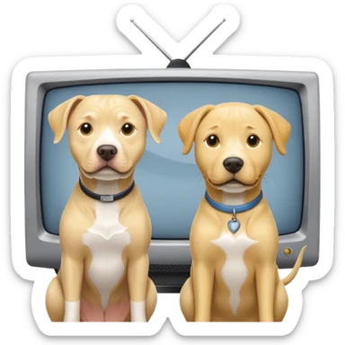 Grey pitbull with yellow lab in front of an tv sticker