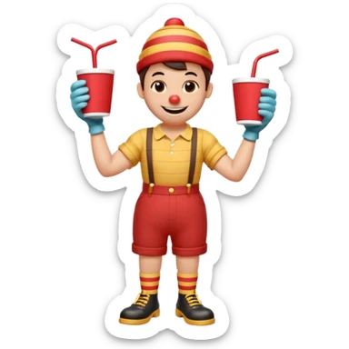 1930s rubber hose cartoon-style cup character with a big smile, black eyes, red nose, and striped straw on head. Wearing red shorts, yellow gloves, brown shoes, black shirt. Arms on hips, cheerful pose. Vintage Disney/Fleischer style, clean lines, limited colors, slight paper texture. 
 sticker