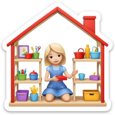 smiling girl arranging furniture in doll house sticker