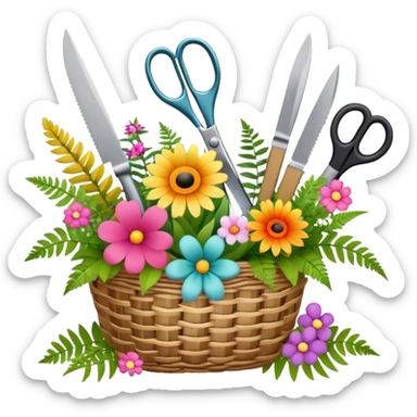 Icon for Floristry: a woven basket with flowers, reeds, ferns, bright ribbons and a small plush toy. Add big garden scissors and knife above. The icon should represent creativity in flower arrangement and decorative design. Transparent background. sticker