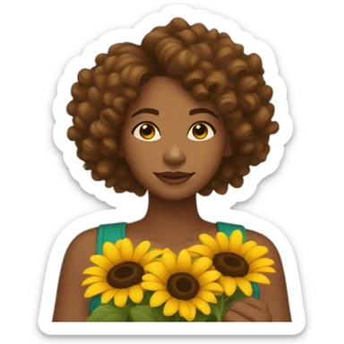 brown-girl-with-curly-hair-holding-sunflowers-in-hand sticker