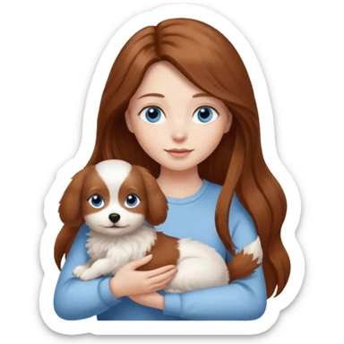 long hair chestnut color blue eyes woman holding small white dog sticker
