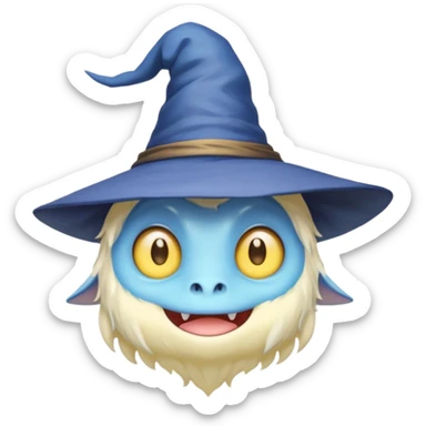 cute monster with white body, yellow tail, wearing blue sky witch hat. the face facing the front towards the 4th wall sticker
