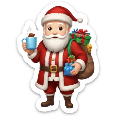 Санта клаус с мешком подарков за спиной и кружкой какао в руке sticker