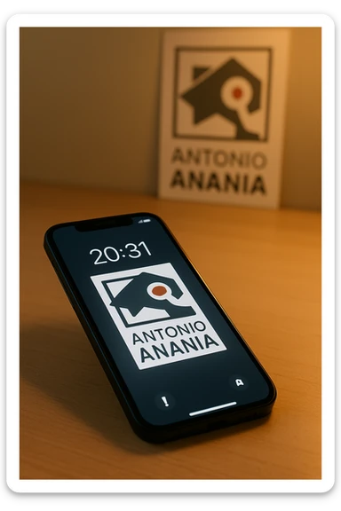 A photo of an iPhone on the desk with the message "Antonio Anania" on its screen, The phone sits atop a desk with a blurred background that suggests work environment. A faint glow from above casts gentle shadows across the surface of each object, creating depth and highlighting their textures sticker