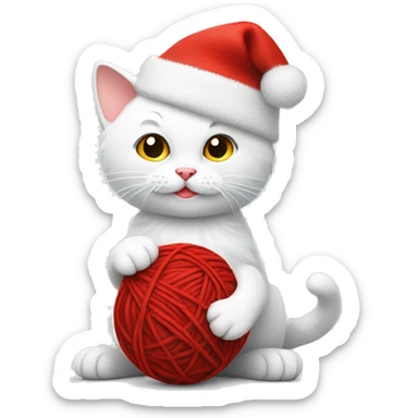 white cat wearing a christmas hat playing with a ball of red yarn sticker