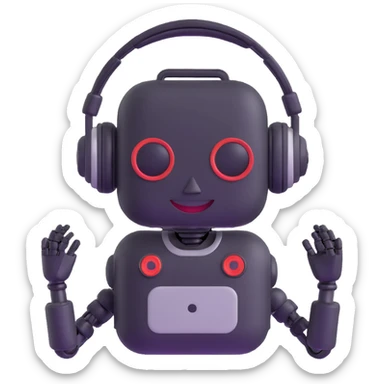 Smiling robot support assistant with headphones in messaging interface sticker