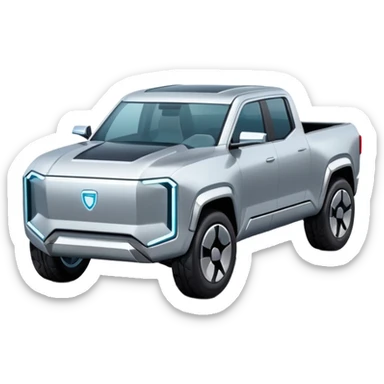 A futuristic electric pickup truck emoji, silver chrome body, angular cyber design, smooth metallic panels, subtle reflections, minimalistic proportions, iOS emoji style, centered composition, clean white background, soft lighting sticker