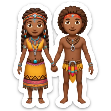 A happy tribal man holding hands with a happy tribal woman wearing a lock sticker