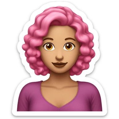 Una chica morenita, con ojos rosados, y pelo rizado largo rosado, ropa blanca sticker