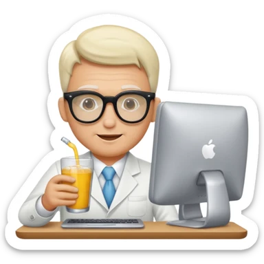 Hombre blanco con gafas tomando un refresco frente a un ordenador sticker