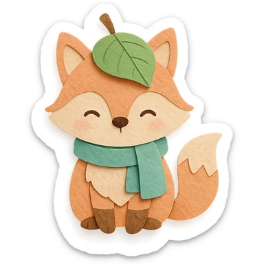 fox wearing a leaf hat and scarf, cute autumn soft style, soft pastel colors, paper-craft style sticker