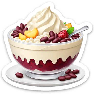 Korean Bingsu shaved ice dessert with red beans and fruit sticker