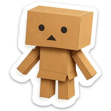 Danbo, the cardboard robot, in a softly lit room with wooden floor, cartoonish style, clean lines, pastel palette, cozy and nostalgic mood sticker