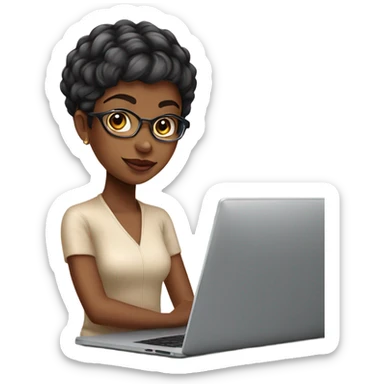 Graphic Designer pretty african american girl with pixie cut with laptop sticker