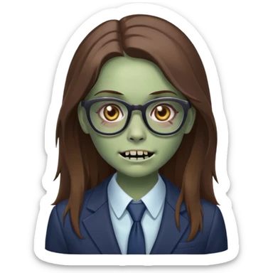 zombie girl with glasses, long brown hair, wearing a suit, slightly smiling sticker