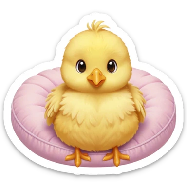 Cinematic round fluffy chick, golden yellow, tiny beak and feet, soft downy feathers, sparkling gentle eyes, sitting on a pastel-colored cushion, radiating warmth and sweetness. sticker