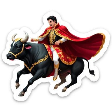 ​Cinematic Realistic Spanish Matador in Action, depicted in an ornate traje de luces with a flowing red cape, captured in the dramatic moment of confronting a charging bull in a traditional bullring, rendered with dynamic motion and dramatic lighting that encapsulates the intensity and artistry of the spectacle, sticker