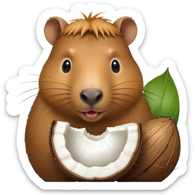 Capybara face emerging from a coconut with its shell partially open sticker