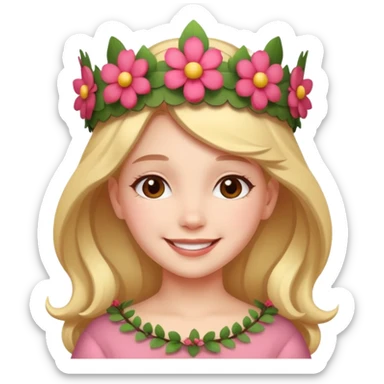 A girl with a flower-shaped crown smiling gently. sticker