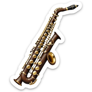 Create a detailed and unique emoji representing a clarinet with a saxophone-style mouthpiece. The design should feature the sleek, dark wood finish of the clarinet, with its shiny metal keys clearly visible, but at the top, include the large, curved mouthpiece typical of a saxophone. The mouthpiece should have a reed, similar to the one used in a saxophone, with subtle details to indicate its function. Use dark wood tones for the body of the instrument and silver or brass accents for the keys. Add small musical notes or soundwaves around the instrument to evoke its smooth, melodic sound. The background should be transparent sticker