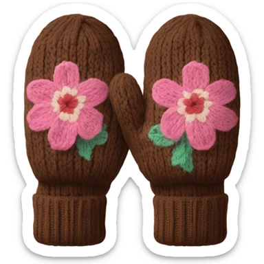 A pair of cozy knitted brown mittens with a pink floral design sticker