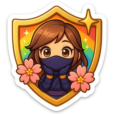 Edit the badge to have a radiant rainbow gradient color with gold trim for the Champion rank, keeping the same design of a chibi ninja girl, sakura flowers, sparkly effects, and badge shape. Maintain transparent background, sized for Twitch or Discord use. sticker